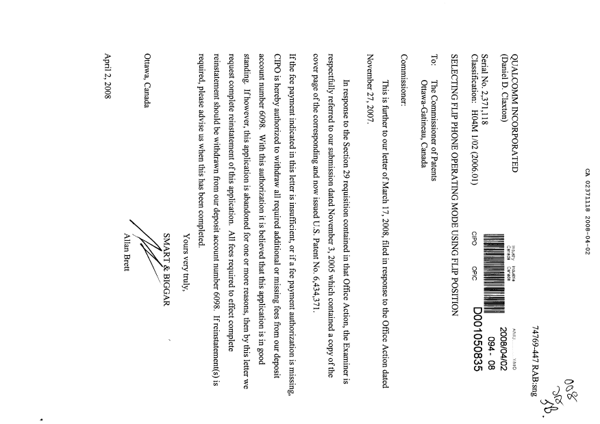 Canadian Patent Document 2371118. Prosecution-Amendment 20071202. Image 1 of 1
