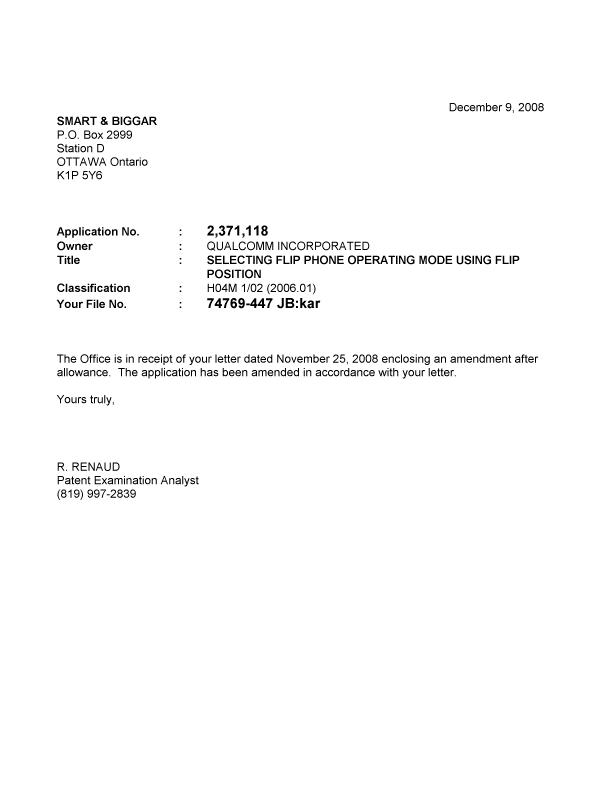 Document de brevet canadien 2371118. Correspondance 20071209. Image 1 de 1
