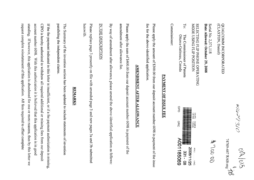 Document de brevet canadien 2371118. Correspondance 20071225. Image 1 de 2