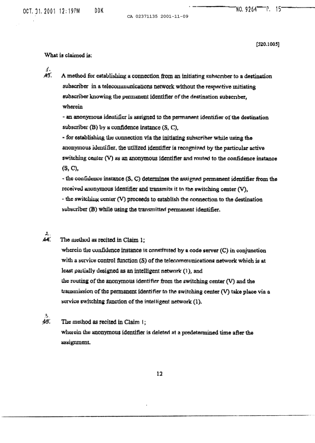 Document de brevet canadien 2371135. Revendications 20011109. Image 1 de 6