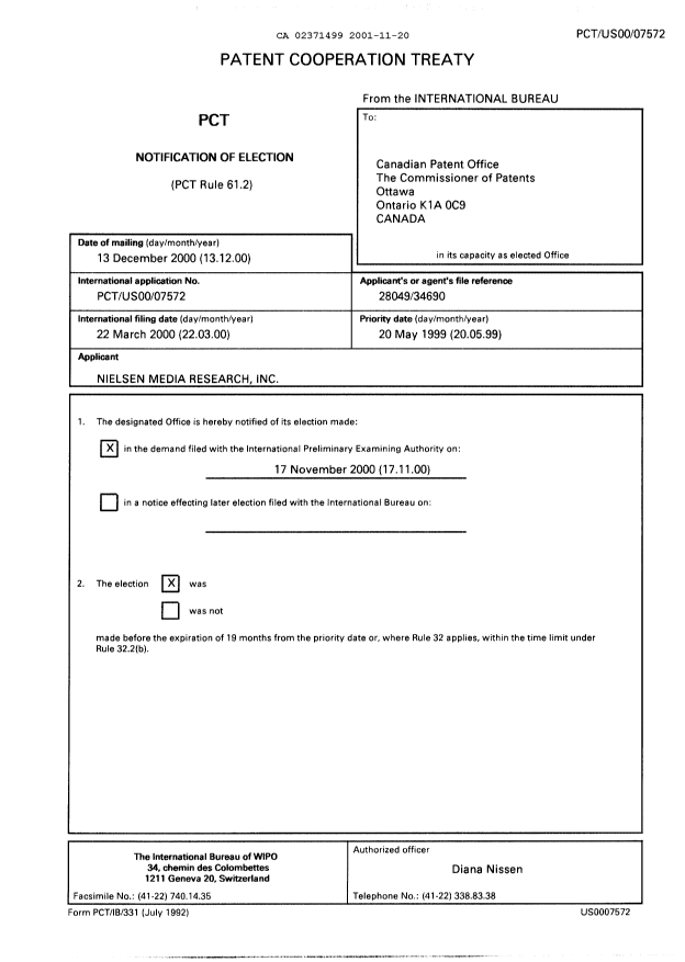 Document de brevet canadien 2371499. PCT 20011120. Image 1 de 12