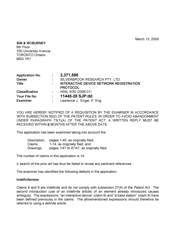 Canadian Patent Document 2371586. Prosecution-Amendment 20090313. Image 1 of 2
