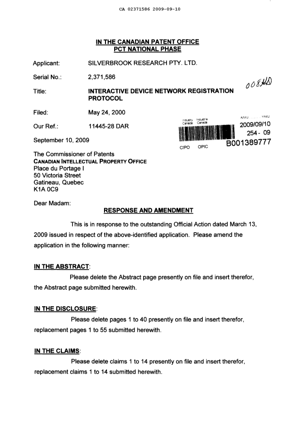 Canadian Patent Document 2371586. Prosecution-Amendment 20090910. Image 1 of 62