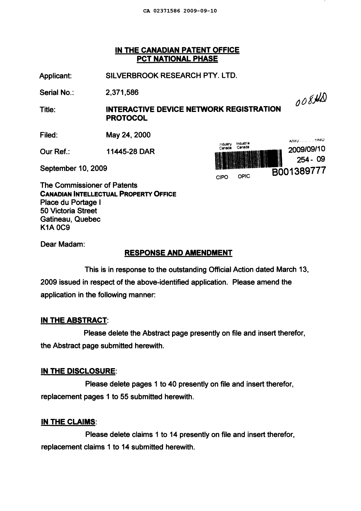 Canadian Patent Document 2371586. Prosecution-Amendment 20090910. Image 1 of 62