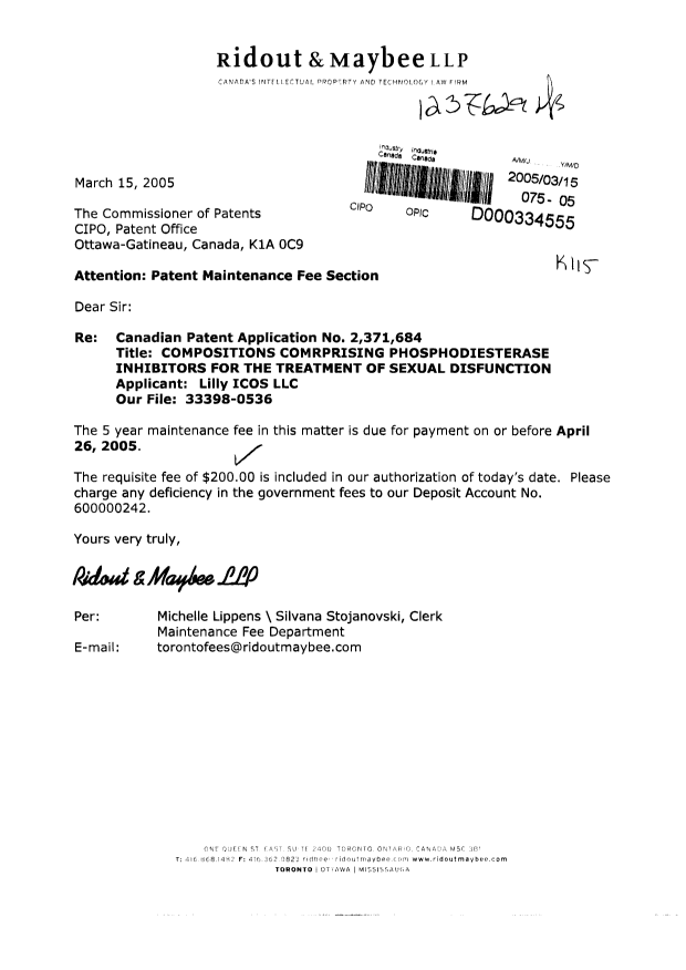 Canadian Patent Document 2371684. Fees 20041215. Image 1 of 1