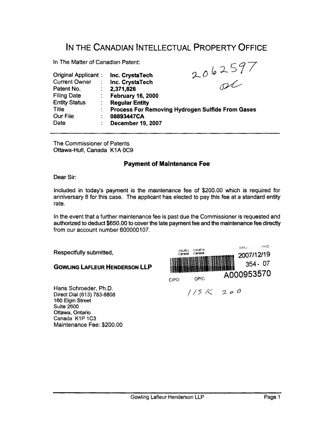 Canadian Patent Document 2371826. Fees 20061219. Image 1 of 1