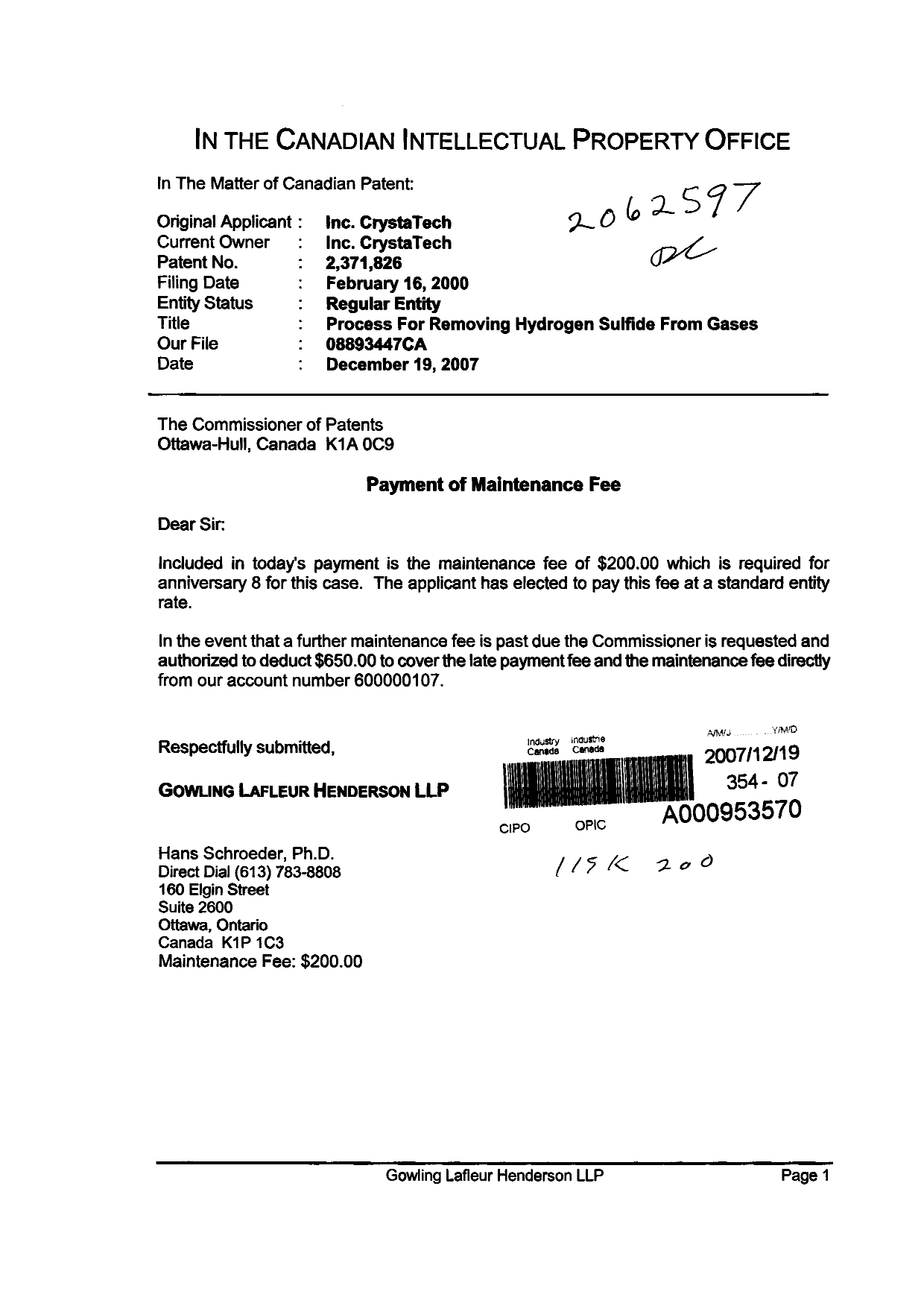 Canadian Patent Document 2371826. Fees 20061219. Image 1 of 1