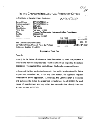 Document de brevet canadien 2371826. Correspondance 20061226. Image 1 de 2