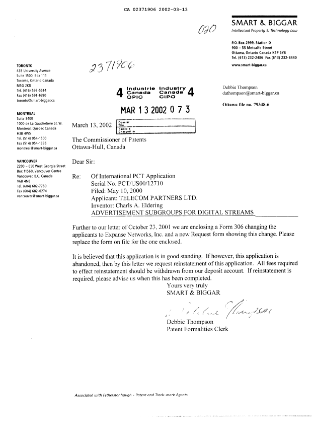 Document de brevet canadien 2371906. Correspondance 20020313. Image 1 de 3
