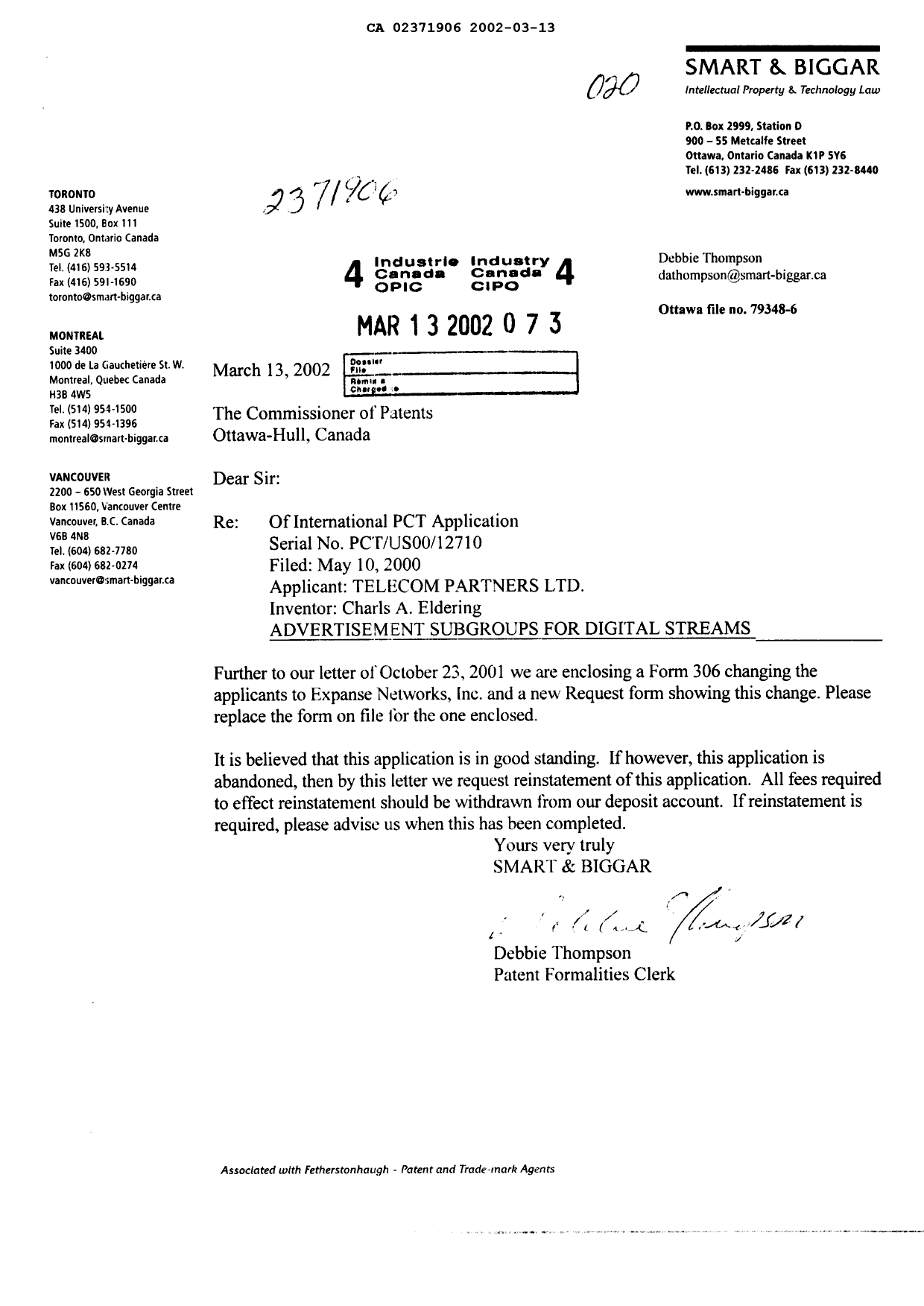 Canadian Patent Document 2371906. Correspondence 20020313. Image 1 of 3