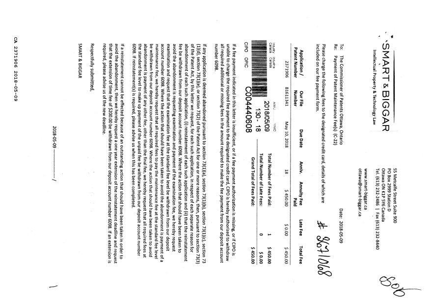 Canadian Patent Document 2371906. Maintenance Fee Payment 20180509. Image 1 of 1
