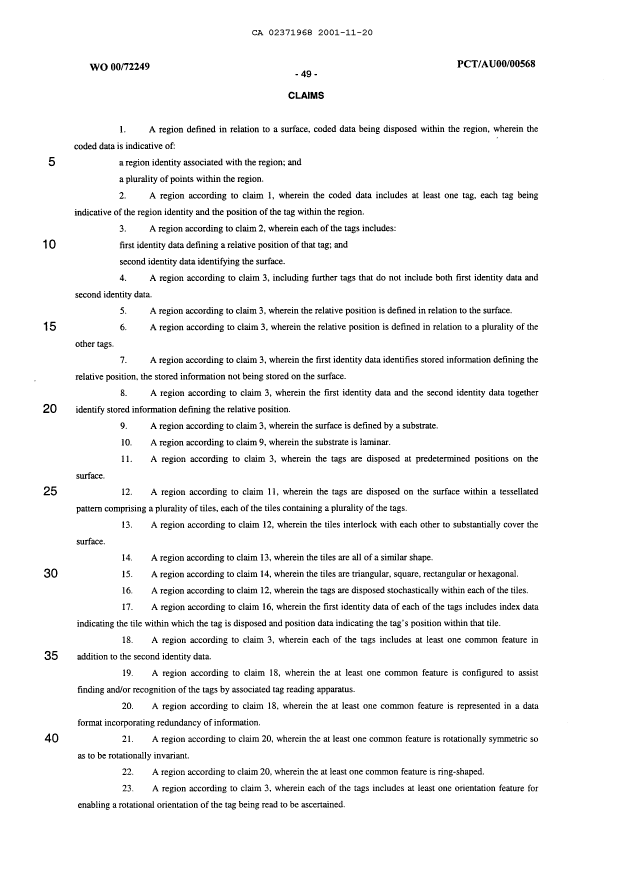 Document de brevet canadien 2371968. Revendications 20011120. Image 1 de 5