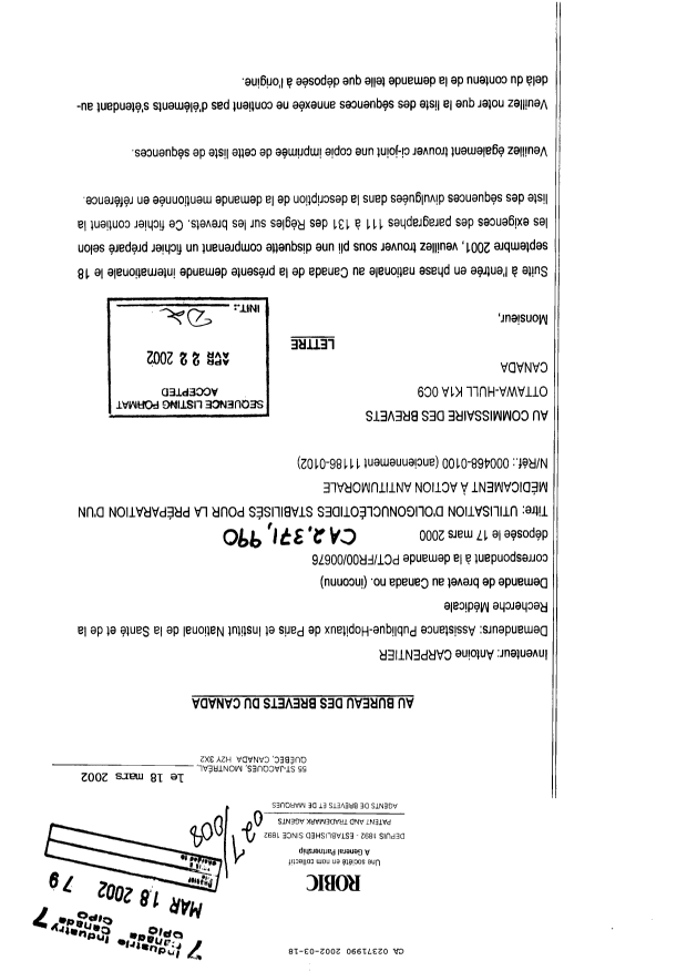 Canadian Patent Document 2371990. Prosecution-Amendment 20020318. Image 1 of 12