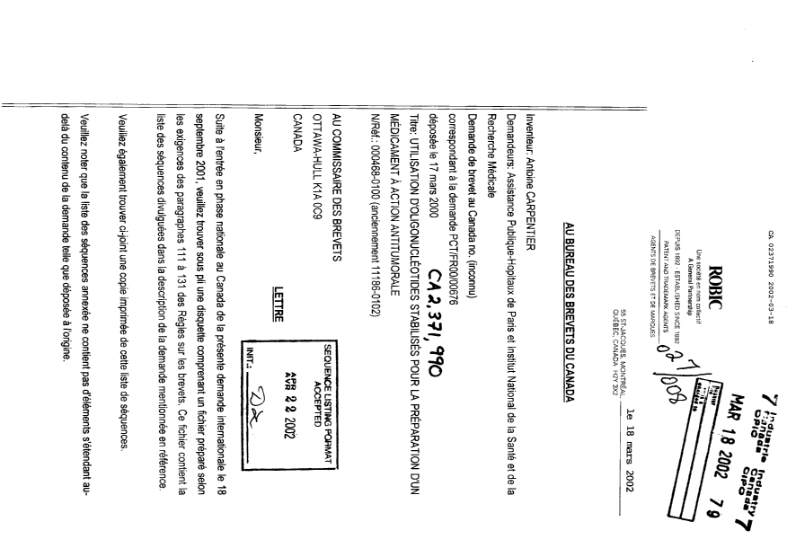 Document de brevet canadien 2371990. Poursuite-Amendment 20020318. Image 1 de 12