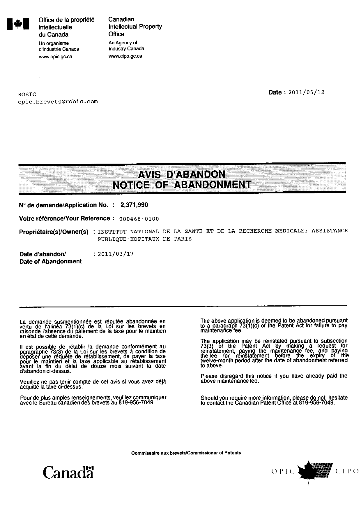 Canadian Patent Document 2371990. Correspondence 20110512. Image 1 of 1