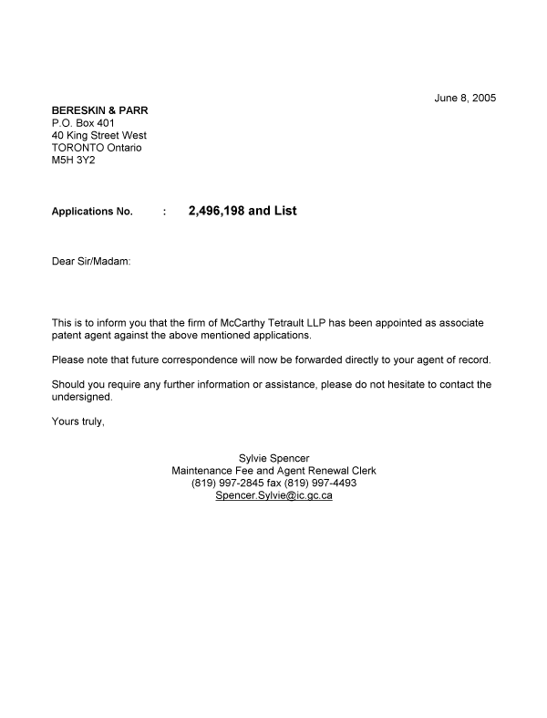 Document de brevet canadien 2372118. Correspondance 20050608. Image 1 de 1