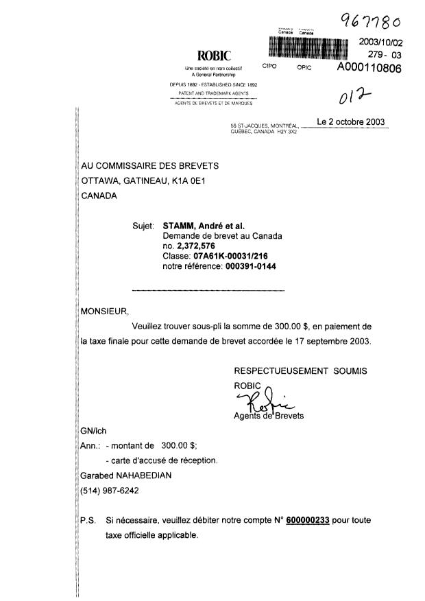 Canadian Patent Document 2372576. Correspondence 20021202. Image 1 of 1