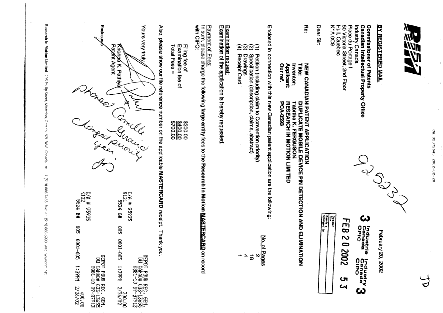 Canadian Patent Document 2372643. Assignment 20020220. Image 1 of 3