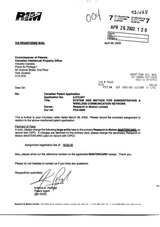 Document de brevet canadien 2372647. Cession 20020426. Image 1 de 4
