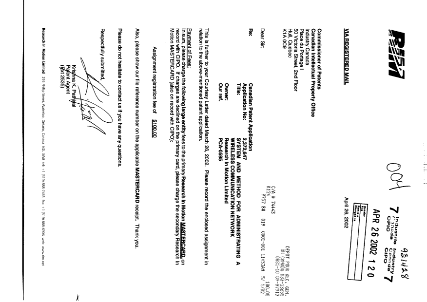 Canadian Patent Document 2372647. Assignment 20020426. Image 1 of 4