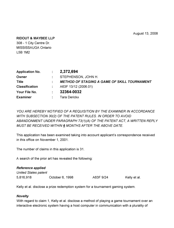 Canadian Patent Document 2372694. Prosecution-Amendment 20080813. Image 1 of 3