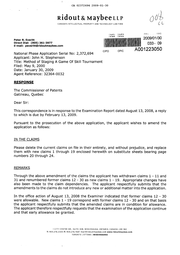 Canadian Patent Document 2372694. Prosecution-Amendment 20090130. Image 1 of 7