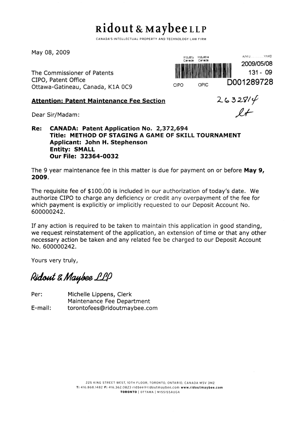 Canadian Patent Document 2372694. Fees 20090508. Image 1 of 1