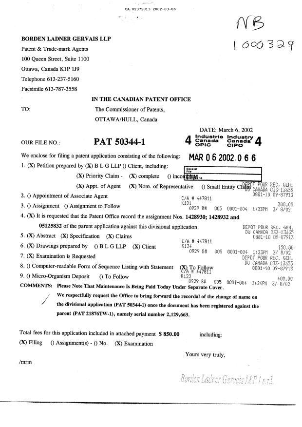 Document de brevet canadien 2372813. Cession 20020306. Image 1 de 4