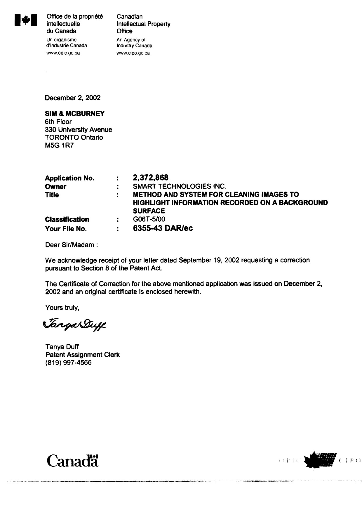 Canadian Patent Document 2372868. Prosecution-Amendment 20021202. Image 1 of 2