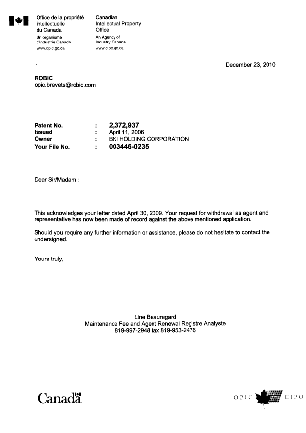 Document de brevet canadien 2372937. Correspondance 20101223. Image 1 de 1
