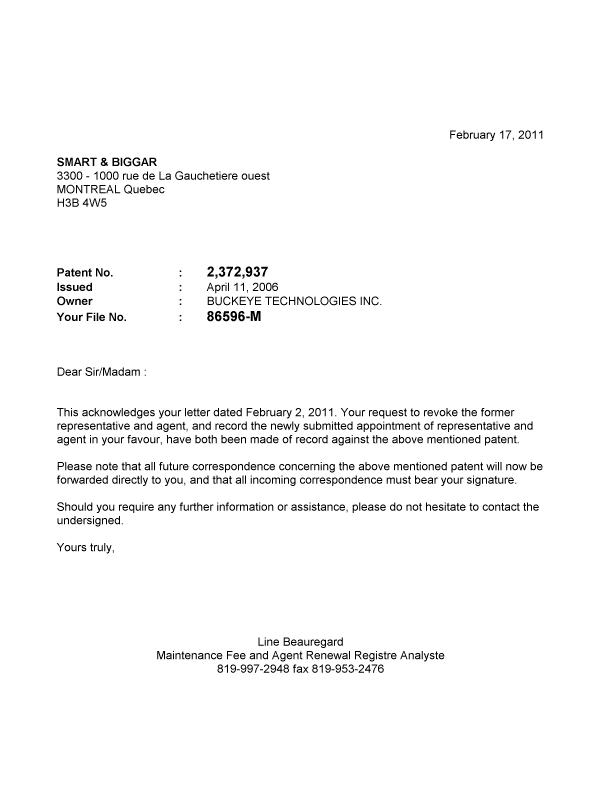 Document de brevet canadien 2372937. Correspondance 20110217. Image 1 de 1