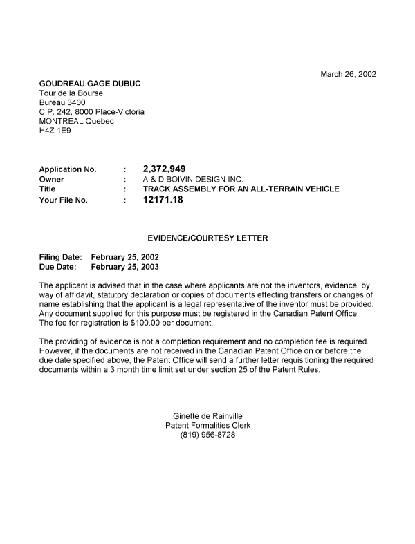 Canadian Patent Document 2372949. Correspondence 20011221. Image 1 of 1
