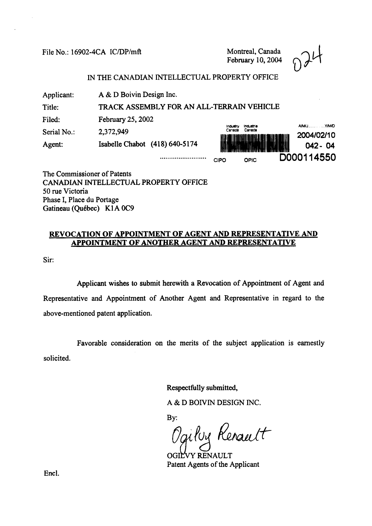 Document de brevet canadien 2372949. Correspondance 20031210. Image 1 de 2