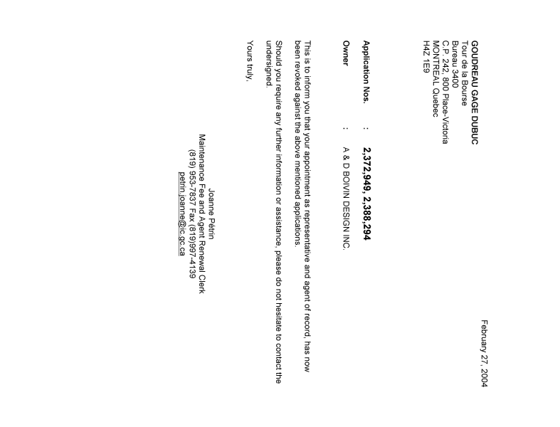 Document de brevet canadien 2372949. Correspondance 20040227. Image 1 de 1