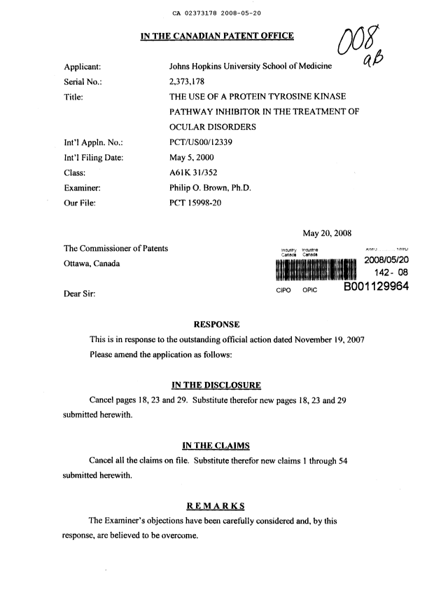 Document de brevet canadien 2373178. Poursuite-Amendment 20080520. Image 1 de 16