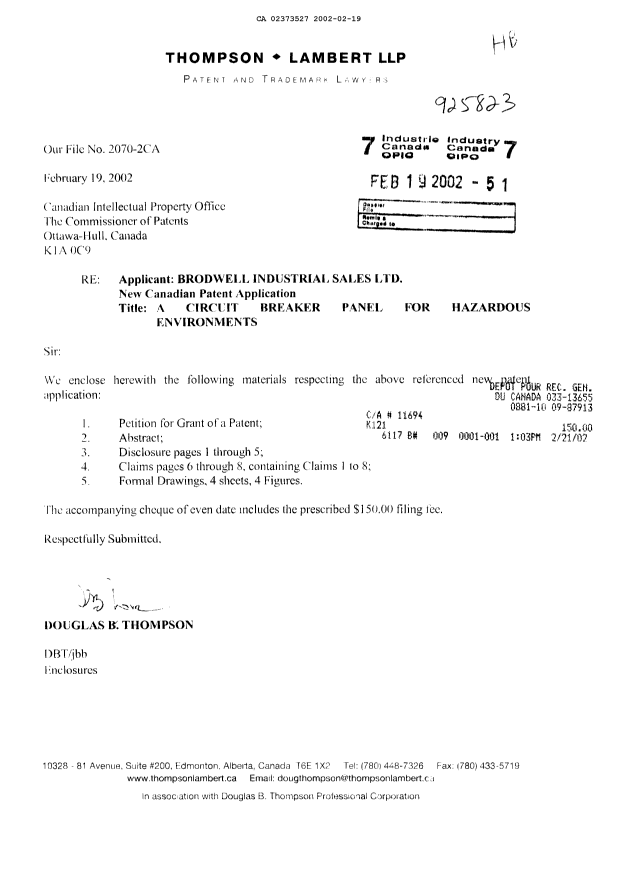 Document de brevet canadien 2373527. Cession 20020219. Image 1 de 4
