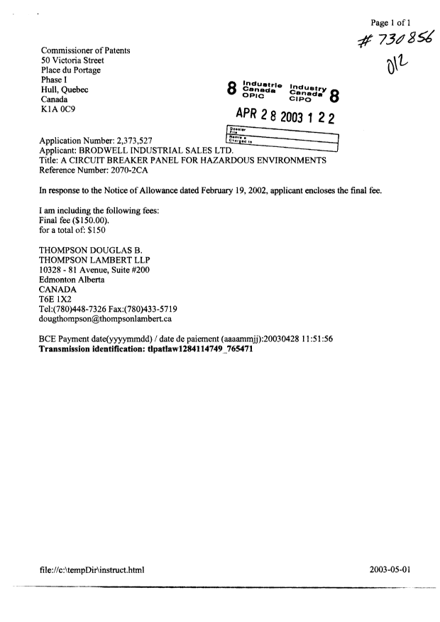 Document de brevet canadien 2373527. Correspondance 20030428. Image 1 de 1