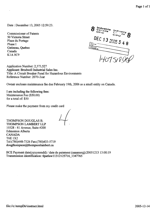 Document de brevet canadien 2373527. Taxes 20051213. Image 1 de 1