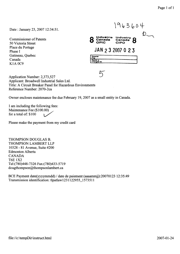 Document de brevet canadien 2373527. Taxes 20070123. Image 1 de 1