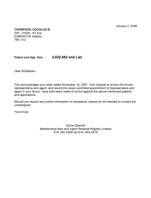 Document de brevet canadien 2373527. Correspondance 20080102. Image 1 de 1