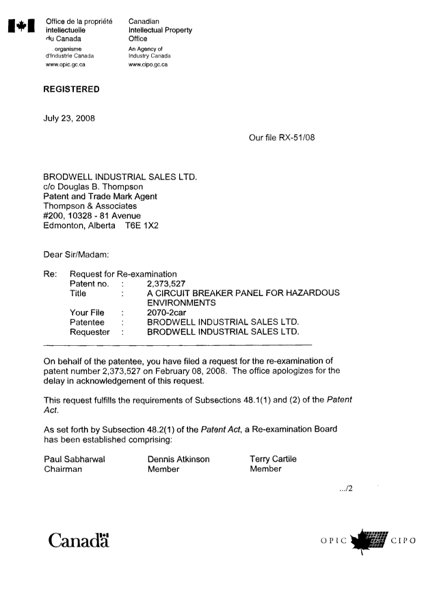 Document de brevet canadien 2373527. Correspondance 20080723. Image 1 de 2
