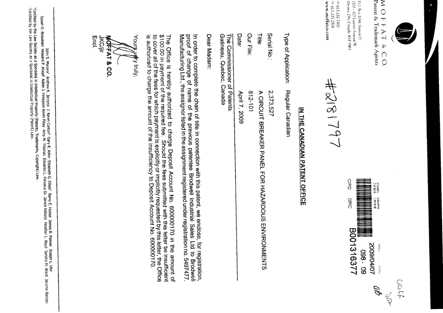 Canadian Patent Document 2373527. Assignment 20090407. Image 1 of 2