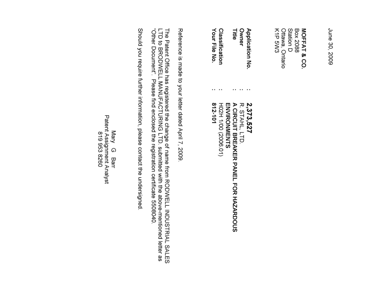 Canadian Patent Document 2373527. Correspondence 20090630. Image 1 of 1