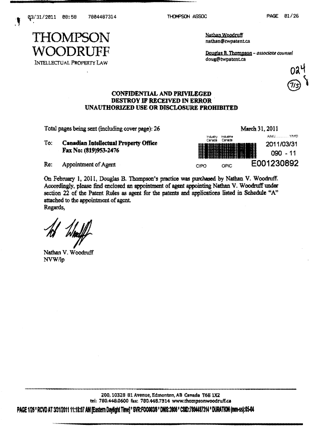 Document de brevet canadien 2373527. Correspondance 20110331. Image 1 de 3