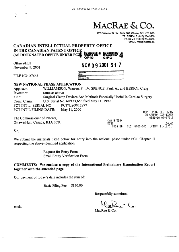 Document de brevet canadien 2373636. Cession 20011109. Image 1 de 4