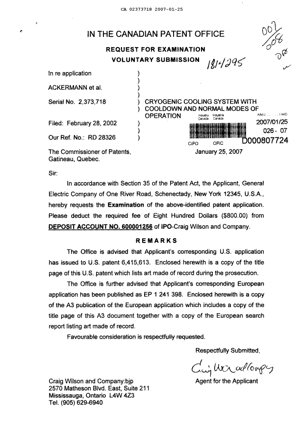 Canadian Patent Document 2373718. Prosecution-Amendment 20070125. Image 1 of 1