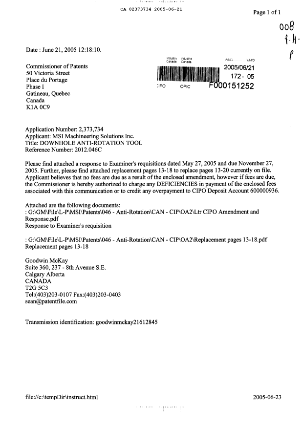 Canadian Patent Document 2373734. Prosecution-Amendment 20041221. Image 1 of 9