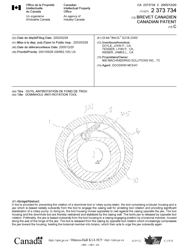 Canadian Patent Document 2373734. Cover Page 20041223. Image 1 of 1