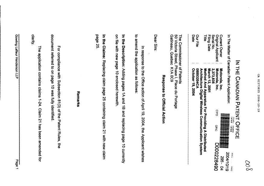 Canadian Patent Document 2373835. Prosecution-Amendment 20041019. Image 1 of 6