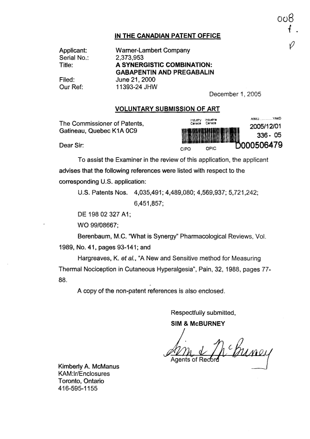 Canadian Patent Document 2373953. Prosecution-Amendment 20051201. Image 1 of 1